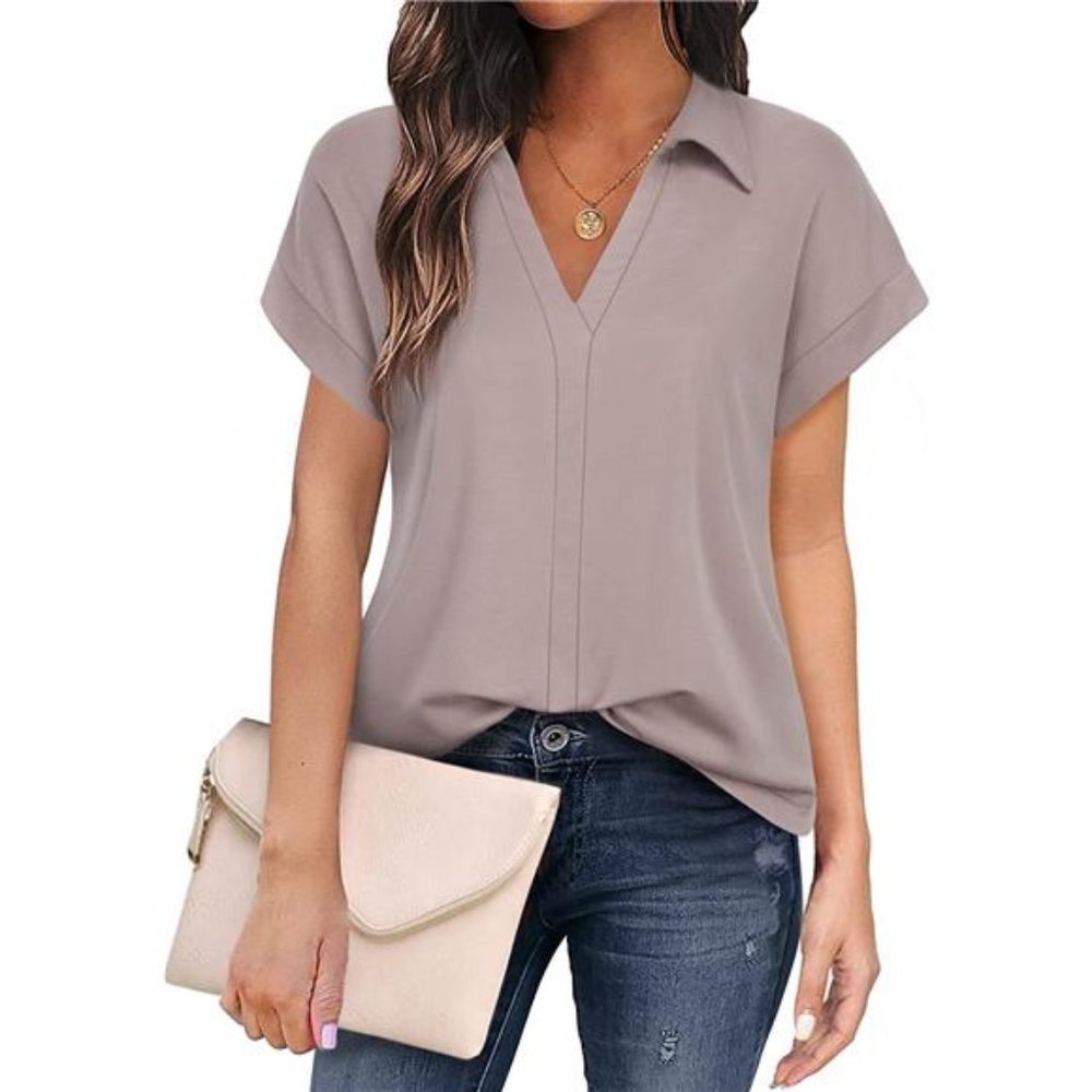 Vivilli Women's Short Sleeve Tops and Blouses Business Casual Collared Tunic Shi